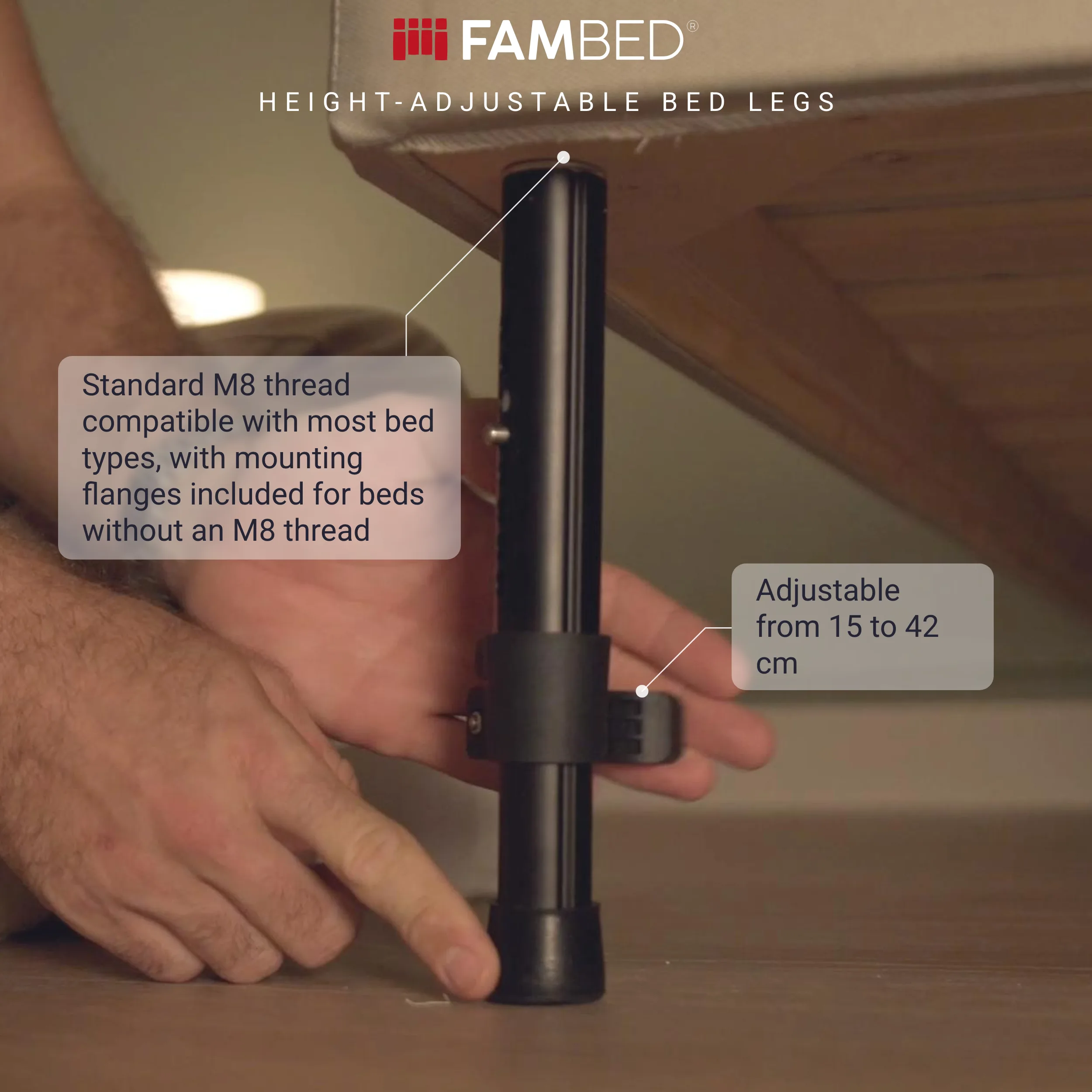 Infographic showing a black adjustable bed leg being fitted beneath a bed, with details about its M8 thread and adjustable height from 15 to 42 cm