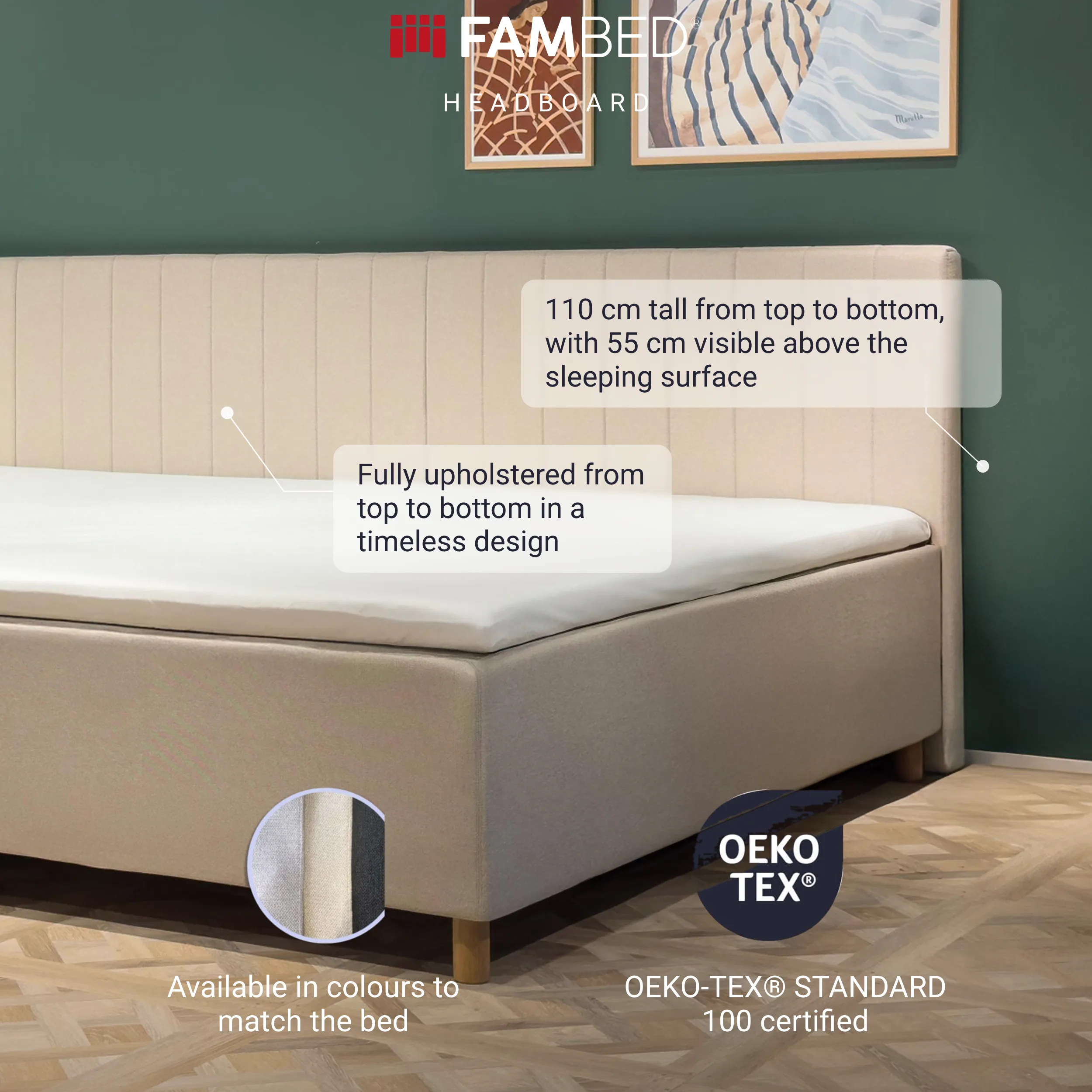 Infographic: beige FAMBED headboard behind the bed, highlighting the full upholstery, 110 cm height and matching colours
