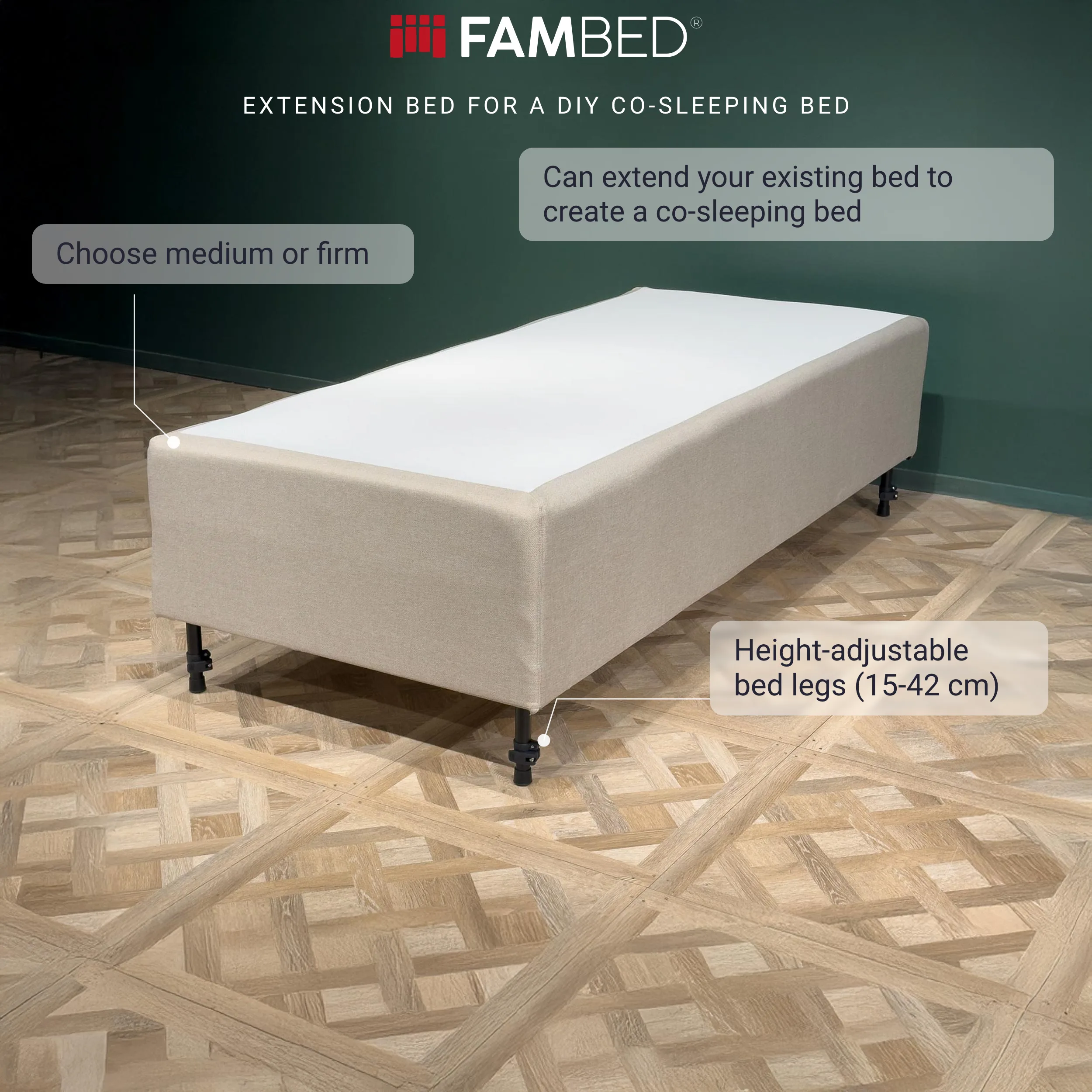 Infographic showing a FAMBED extension bed on black legs, highlighting its reversible 7-zone sprung mattress and height-adjustable bed legs