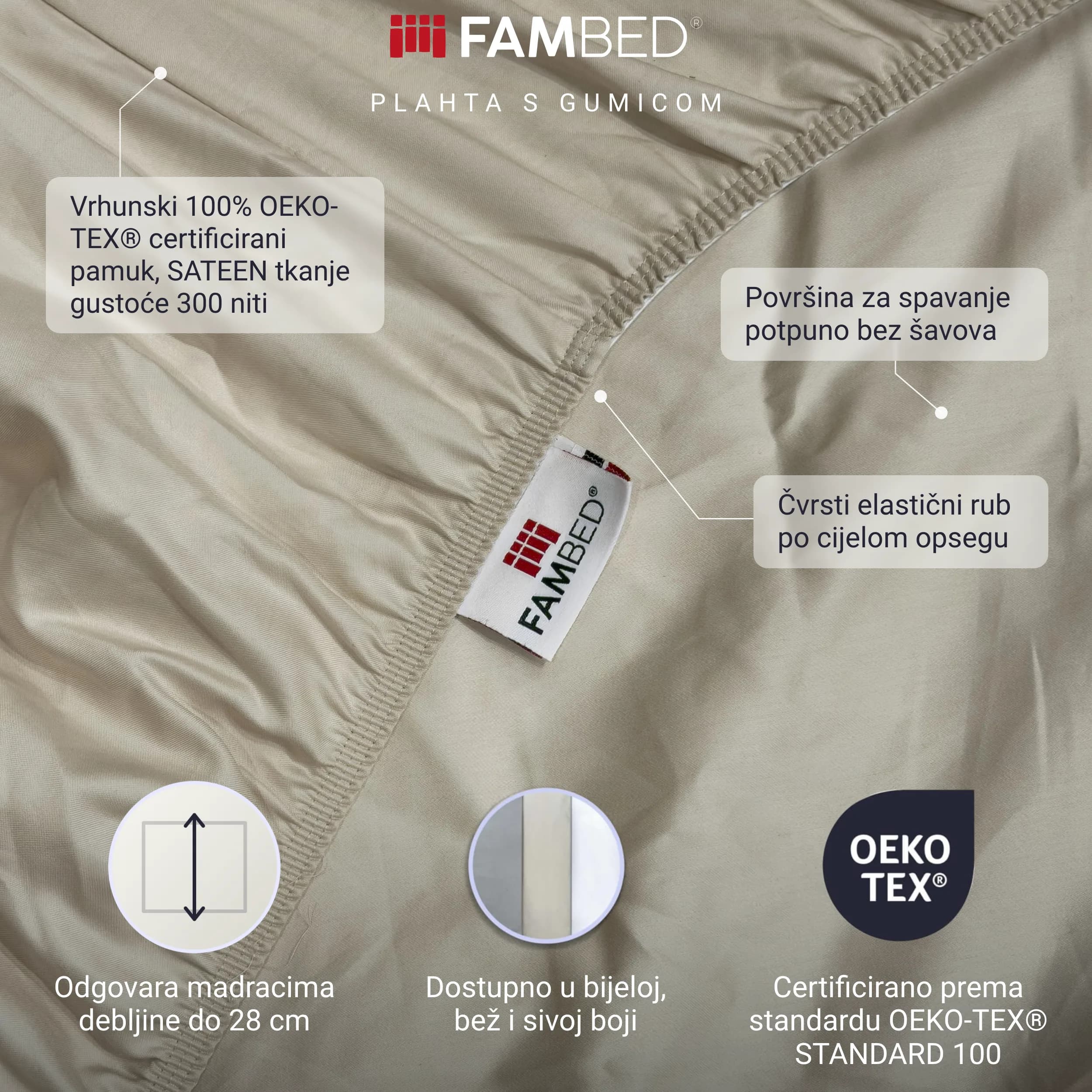 Infografika: bež FAMBED plahta s gumicom s istaknutim značajkama: OEKO-TEX® pamuk u SATEEN tkanju gustoće 300 TC, površina za spavanje bez šavova i čvrst elastični rub