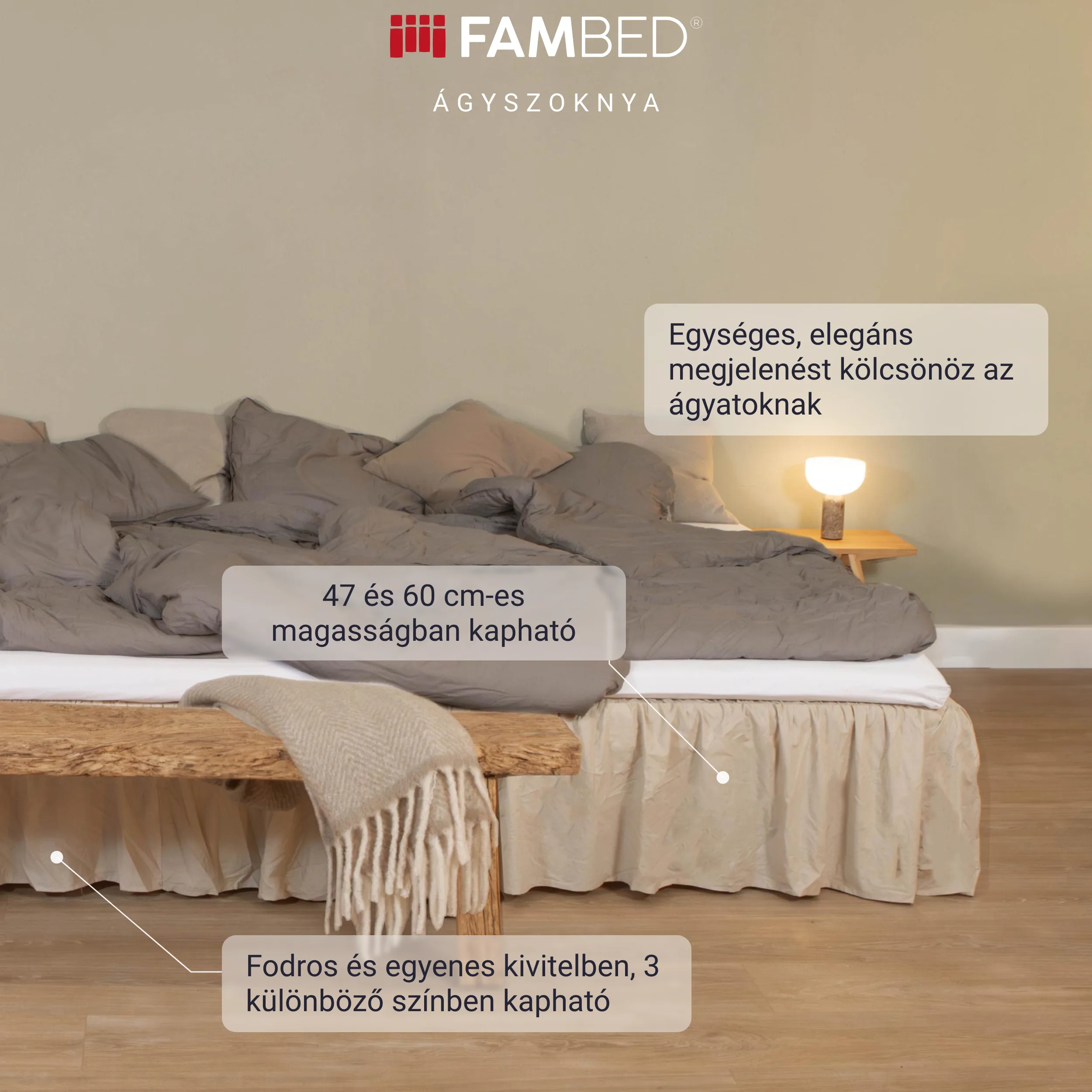 Családi ágy bézs ágyszoknyával, amely eltakarja az ágy alsó részét és az alatta lévő teret