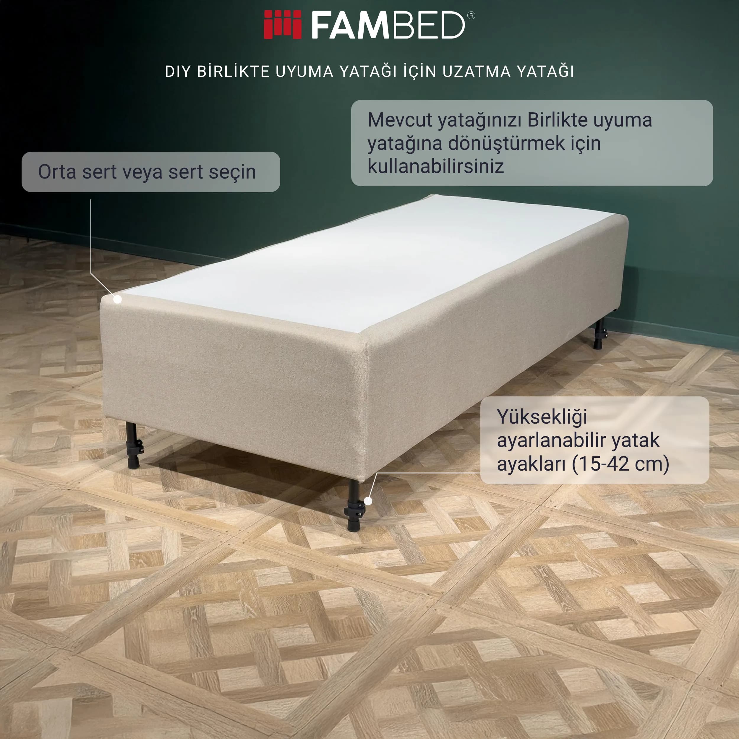 İnfografik: siyah ayaklı FAMBED genişletme yatağı ve çift taraflı 7 bölgeli yaylı yatak ile yüksekliği ayarlanabilir yatak ayakları hakkında bilgiler