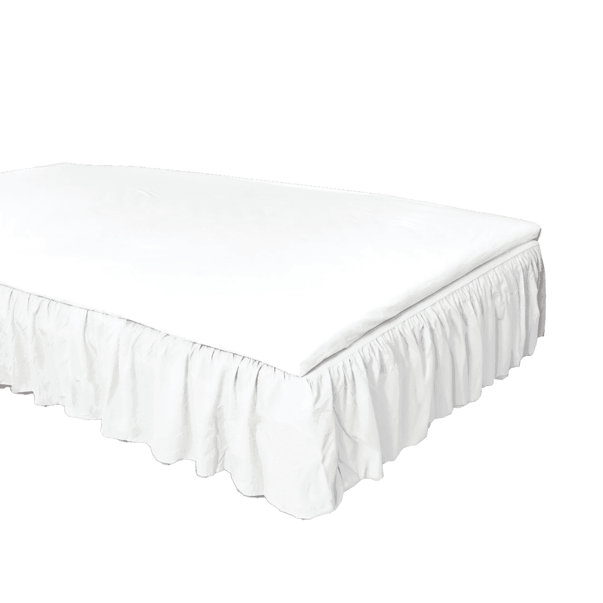 White FAMBED bed skirt covering the bed base all the way to the floor